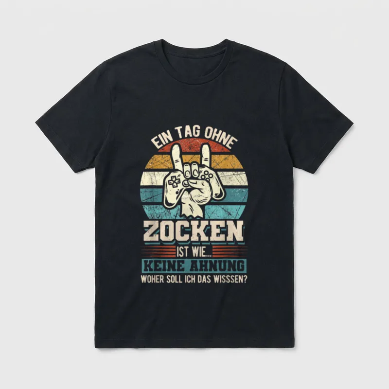 Ein Tag Ohne Zocken Gaming T-Shirt – Controller-Hand vor Retro-Kreis, Spruch über das Zocken – Klassisches T-Shirt in Schwarz