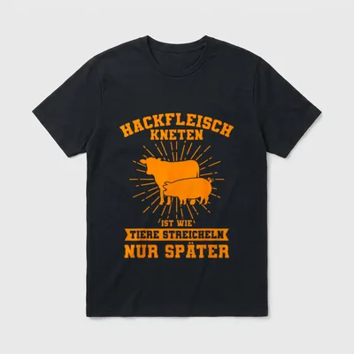 Lustige Sprüche Grillen Metzger T-Shirt – Kuh und Schwein mit Spruch zu Hackfleisch kneten – Klassisches T-Shirt in Schwarz