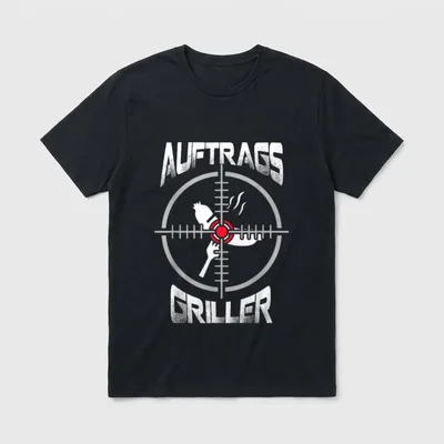 Grillen & Griller m. T-Shirt – Fadenkreuz mit Grillgut, Schriftzug „Auftrags Griller“ – Klassisches T-Shirt in Schwarz