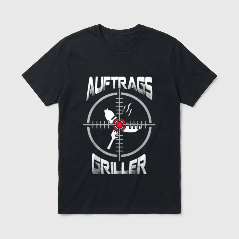 Grillen & Griller m. T-Shirt – Fadenkreuz mit Grillgut, Schriftzug „Auftrags Griller“ – Klassisches T-Shirt in Schwarz