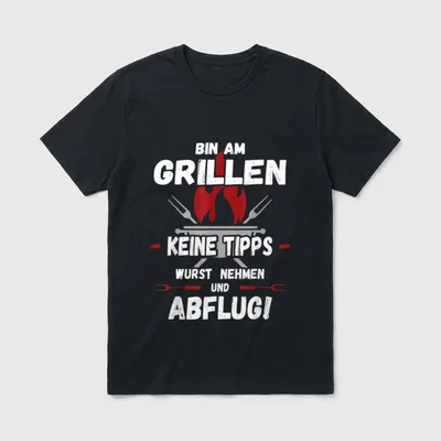 Grill lustig Spruch Grillen T-Shirt – Flammen, Grillgabeln, Spruch über Tipps und Wurst – Klassisches T-Shirt in Schwarz