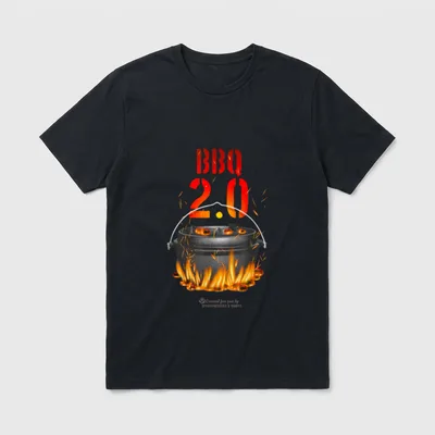 BBQ 2.0 Lustiges Statement T-Shirt – Schriftzug BBQ 2.0 über Grilltopf im Feuer mit Funken – Klassisches T-Shirt in Schwarz