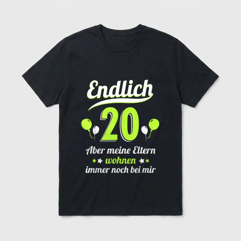 20. Geburtstag Mann Frau T-Shirt – Schriftzug „Endlich 20“ mit Luftballons und Spruchzeile – Klassisches T-Shirt in Schwarz