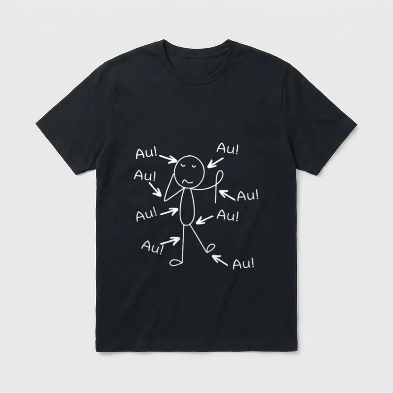 Lustig Älter Werden Alter T-Shirt – Strichfigur mit acht Pfeilen und der Aufschrift „Au!“ – Klassisches T-Shirt in Schwarz