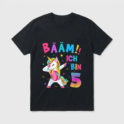 5 Geburtstag Mädchen 5 Jahre T-Shirt – Tanzendes Einhorn mit Spruch Bääm!! Ich bin 5 – Klassisches T-Shirt in Schwarz