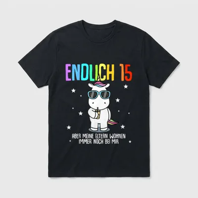 15. Geburtstag Junge Mädchen T-Shirt – Einhorn mit Sonnenbrille, Spruch „Endlich 15“ – Klassisches T-Shirt in Schwarz