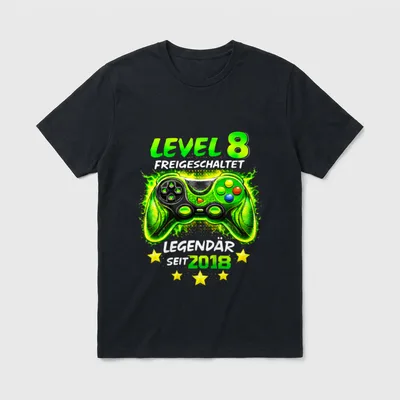 Level 8 Geburtstag Junge T-Shirt – Gamepad mit „Level 8 Freigeschaltet, Legendär seit 2018“ – Klassisches T-Shirt in Schwarz