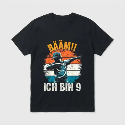 9. Geburtstag Junge Mädchen T-Shirt – Dabbendes Kind, Kreis, Schriftzug „BÄÄM!! ICH BIN 9“ – Klassisches T-Shirt in Schwarz