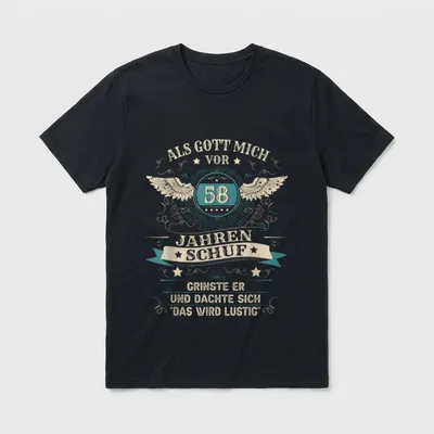 58. Geburtstag Mann Frau T-Shirt – Flügel-Emblem mit 58 und Spruch „Das wird lustig“ – Klassisches T-Shirt in Schwarz