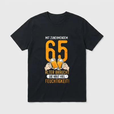 65. Geburtstag Mann Lustige T-Shirt – Zahl 65 mit zwei Bierkrügen und Spruch zur Haut – Klassisches T-Shirt in Schwarz