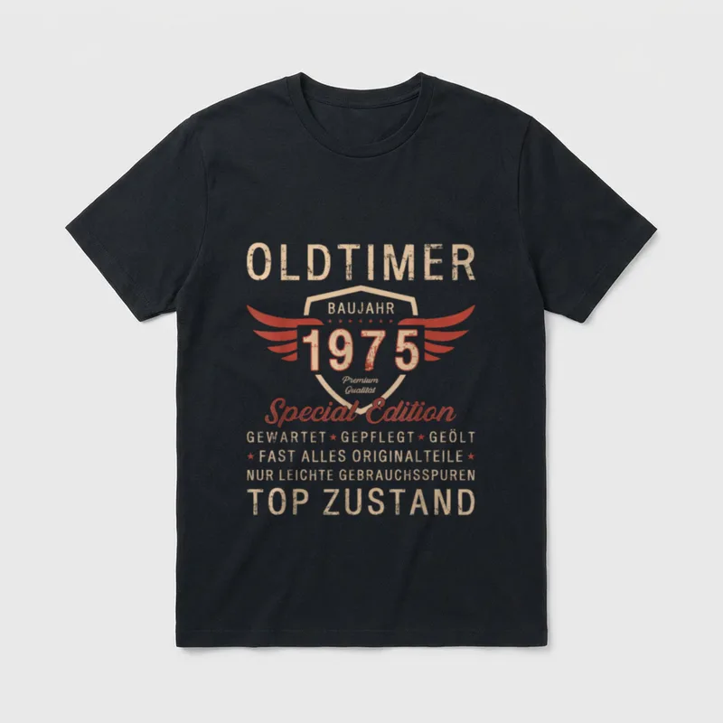 zum 50. Geburtstag Jahrgang T-Shirt – Oldtimer-Wappen mit Baujahr 1975 und „Top Zustand“ – Klassisches T-Shirt in Schwarz