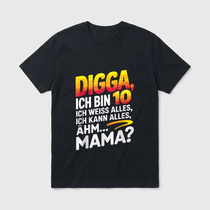 10th Birthday Boy Girl T-Shirt – Digga, ich bin 10, ich weiß alles, ähm, Mama? – Klassisches T-Shirt in Schwarz