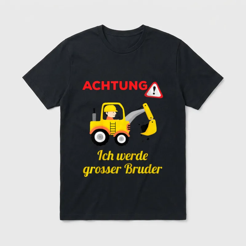 Shirt Großer Bruder – Bagger mit Warndreieck und Schriftzug „Ich werde grosser Bruder“ – Klassisches T-Shirt in Schwarz