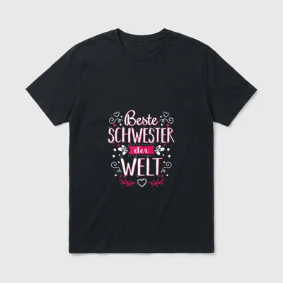 Beste Schwester der Welt-Tolles T-Shirt – Schriftzug mit Herzen und Sternen in Pink und Weiß – Klassisches T-Shirt in Schwarz
