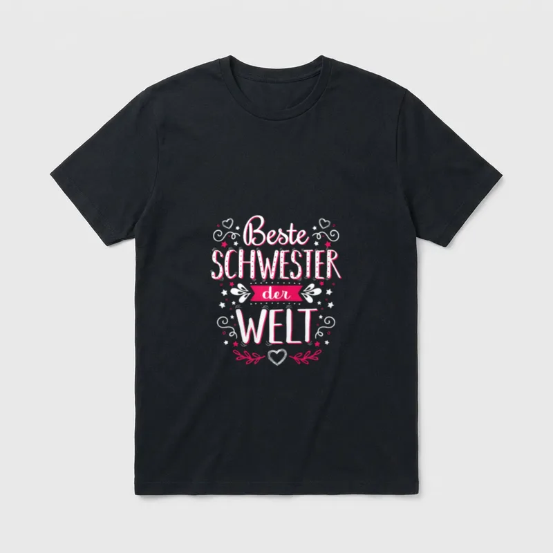 Beste Schwester der Welt-Tolles T-Shirt – Schriftzug mit Herzen und Sternen in Pink und Weiß – Klassisches T-Shirt in Schwarz