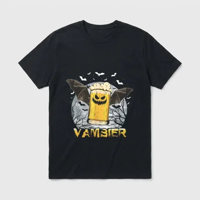 Halloween T-Shirt Damen – Bierglas mit Reißzähnen und Fledermausflügeln, Schriftzug VAMBIER – Klassisches T-Shirt in Schwarz