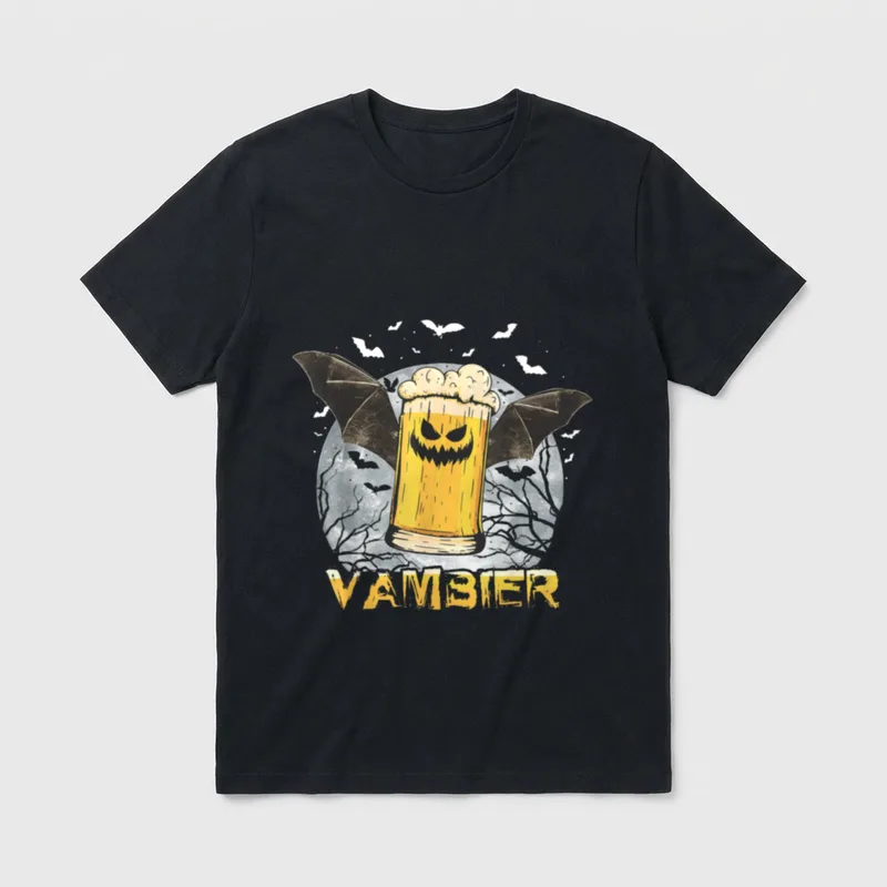 Halloween T-Shirt Damen – Bierglas mit Reißzähnen und Fledermausflügeln, Schriftzug VAMBIER – Klassisches T-Shirt in Schwarz