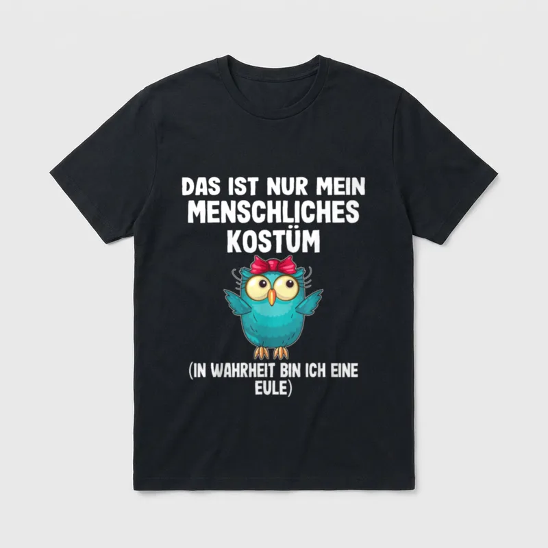 Halloween Kostüm T-Shirt – Cartoon-Eule mit Schleife, Spruch „menschliches Kostüm“ – Klassisches T-Shirt in Schwarz