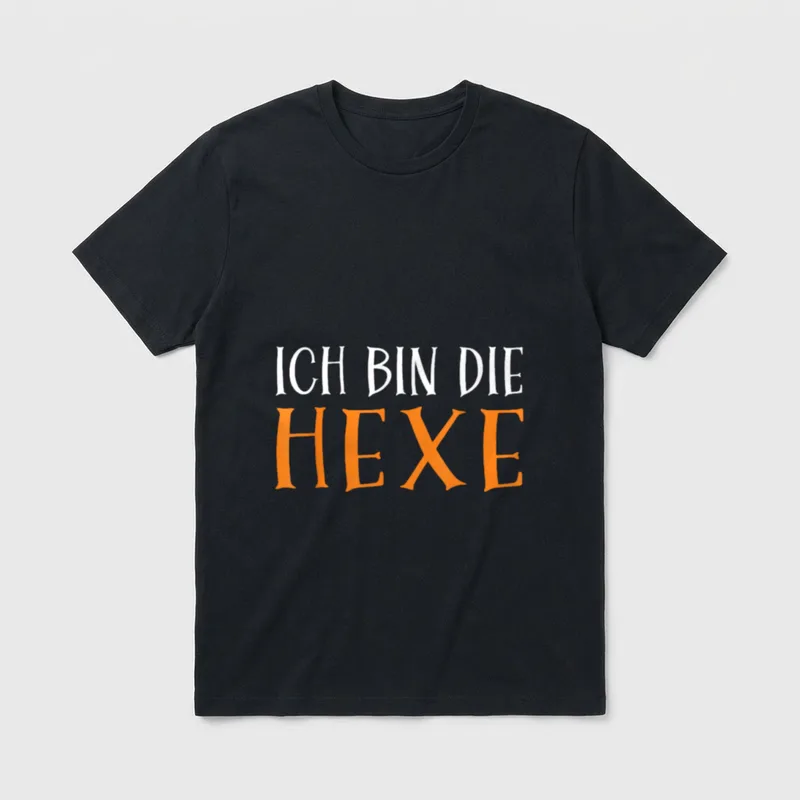 Bin Die Hexe Lustiges T-Shirt – Schriftzug „Ich bin die Hexe“ in Weiß und Orange – Klassisches T-Shirt in Schwarz