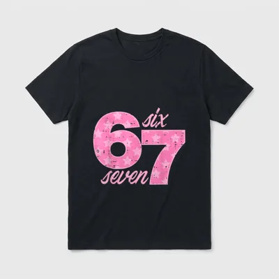 Six Seven 67 Meme Lustiges T-Shirt – Pinke Zahlen 6 und 7 mit Sternen, six seven Schriftzug – Klassisches T-Shirt in Schwarz