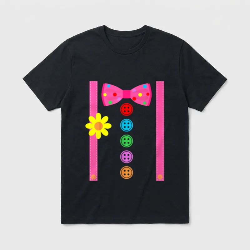 Clown Kostüm Halloween Lustig T-Shirt – Clownsfliege, bunte Knöpfe, Blüte und Hosenträger – Klassisches T-Shirt in Schwarz