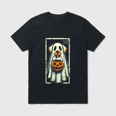 Niedlicher Geist Hund Männer T-Shirt – Hund im Geisterlaken mit Kürbis-Eimer und Spinnennetz – Klassisches T-Shirt in Schwarz
