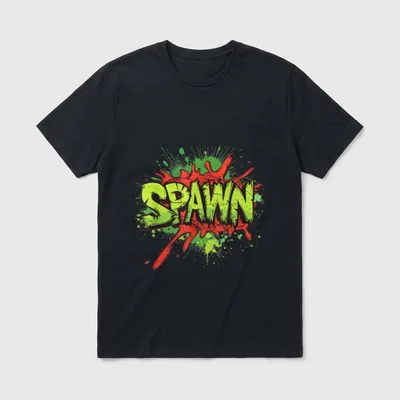 Lebendige Farben mit coolem T-Shirt – Grüner SPAWN-Schriftzug mit rotem Farbspritzer-Effekt – Klassisches T-Shirt in Schwarz