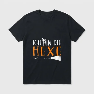 Bin Die Hexe Lustiges Partner T-Shirt – Schriftzug ICH BIN DIE HEXE mit Hexenhut und Besen – Klassisches T-Shirt in Schwarz