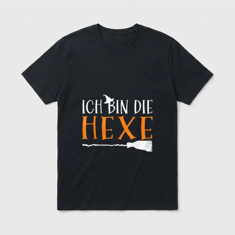 Bin Die Hexe Lustiges Partner T-Shirt – Schriftzug ICH BIN DIE HEXE mit Hexenhut und Besen – Klassisches T-Shirt in Schwarz