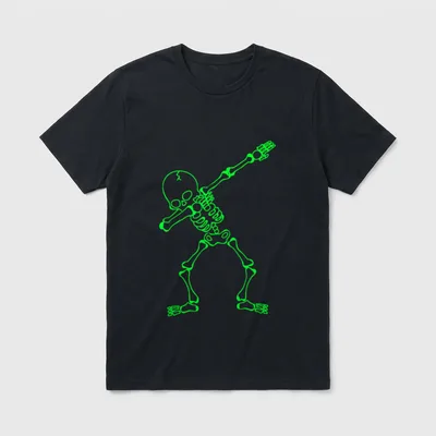Dabbing Skelett Halloween Kostüm T-Shirt – Neongrünes Skelett in Dab-Pose auf grauem Grund – Klassisches T-Shirt in Schwarz