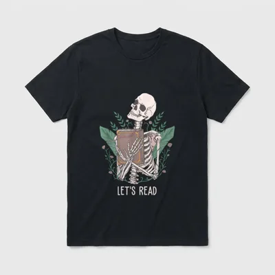 Lustiges Skelett Lass uns T-Shirt – Skelett hält ein Buch, Schriftzug „LET'S READ“ – Klassisches T-Shirt in Schwarz
