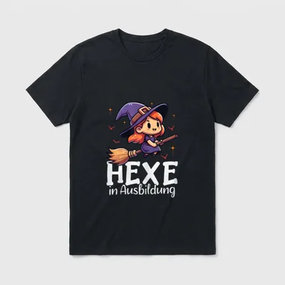 Hexe in Ausbildung Lustiges T-Shirt – Kleine Hexe auf Besen, Schriftzug Hexe in Ausbildung – Klassisches T-Shirt in Schwarz