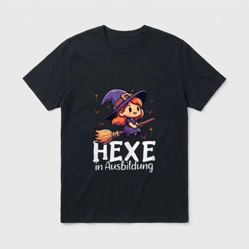 Hexe in Ausbildung Lustiges T-Shirt – Kleine Hexe auf Besen, Schriftzug Hexe in Ausbildung – Klassisches T-Shirt in Schwarz