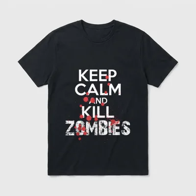 Keep Calm and Kill T-Shirt – Schriftzug „Keep Calm and Kill Zombies“ mit Blutspritzern – Klassisches T-Shirt in Schwarz
