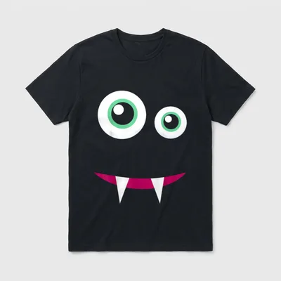 Auge Monster Gesicht T-Shirt – Zwei Monsteraugen und pinker Mund mit spitzen Zähnen – Klassisches T-Shirt in Schwarz