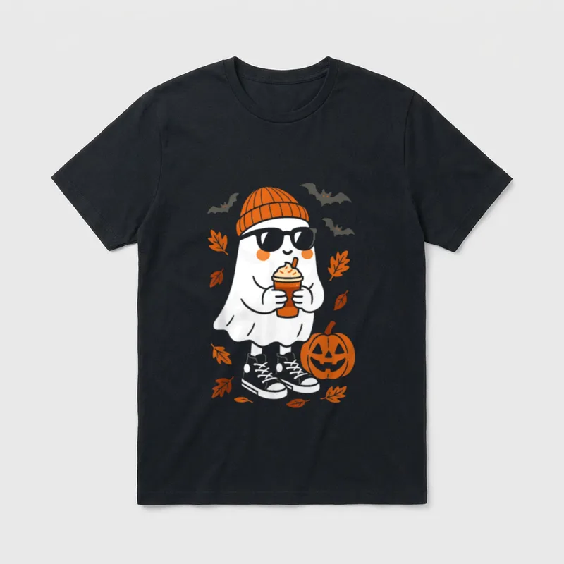 Niedlicher Geist Kürbis Männer T-Shirt – Geist mit Sonnenbrille, Mütze, Getränk und Kürbis – Klassisches T-Shirt in Schwarz
