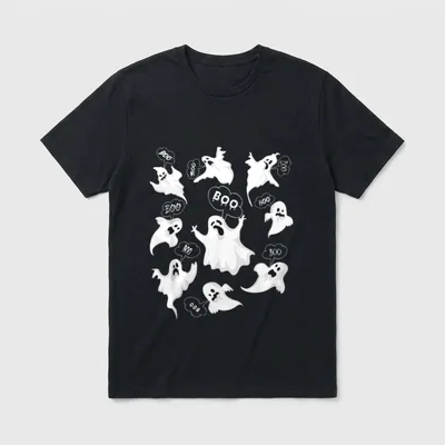Boo Geister Kostüm Gespenst T-Shirt – Elf Gespenster mit Boo-Sprechblasen auf grauem Grund – Klassisches T-Shirt in Schwarz