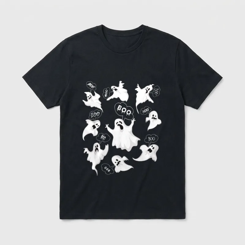 Boo Geister Kostüm Gespenst T-Shirt – Elf Gespenster mit Boo-Sprechblasen auf grauem Grund – Klassisches T-Shirt in Schwarz