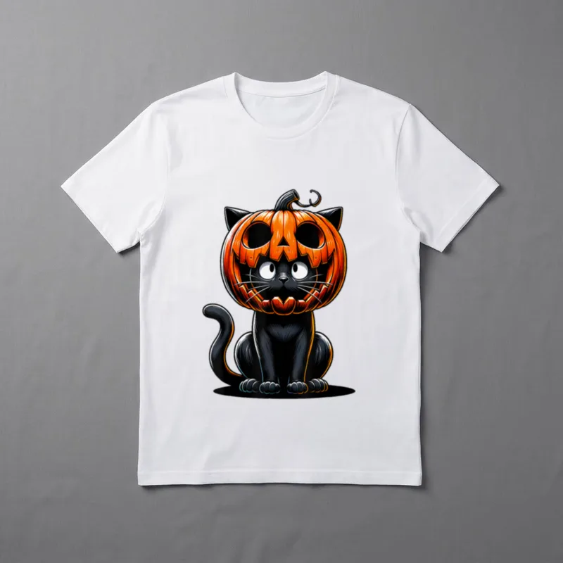 Halloween Kostüm Lustig Kürbis T-Shirt – Schwarze Katze mit Kürbiskopf und großen Augen – Klassisches T-Shirt in Schwarz