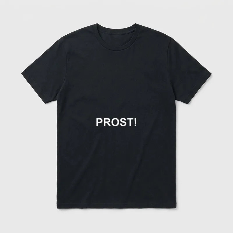 Prost German Word Oktoberfest T-Shirt – Weißer Schriftzug „PROST!“ auf grauem Hintergrund – Klassisches T-Shirt in Schwarz