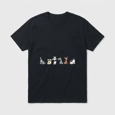 Funny Hunde Team I T-Shirt – Sechs gezeichnete Hunde in Reihe, einer mit rotem Halsband – Klassisches T-Shirt in Schwarz
