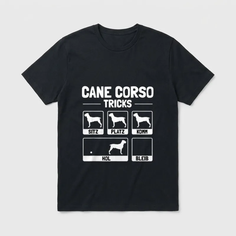 Lustiges Cane Corso Hund T-Shirt – CANE CORSO TRICKS mit Tafeln Sitz Platz Komm Hol Bleib – Klassisches T-Shirt in Schwarz