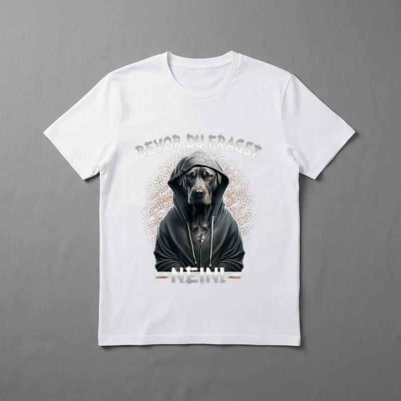 Bevor Du Fragst Nein! Hunde T-Shirt – Hund im Hoodie, Schriftzug „Bevor du fragst – Nein!“ – Klassisches T-Shirt in Schwarz