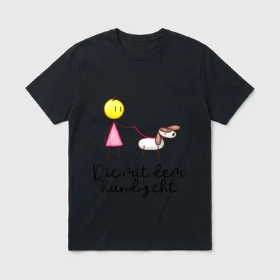 Frauchen Hund T-Shirt – Strichmännchen in Pink führt Hund mit Leine unter Text – Klassisches T-Shirt in Schwarz