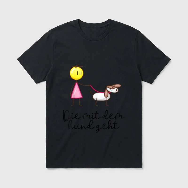Frauchen Hund T-Shirt – Strichmännchen in Pink führt Hund mit Leine unter Text – Klassisches T-Shirt in Schwarz