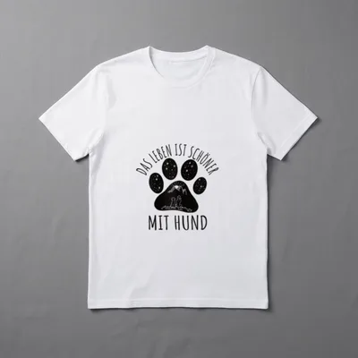 Das Leben ist schöner T-Shirt – Pfote mit Sternen und Bergszene, Spruch Mensch und Hund – Klassisches T-Shirt in Schwarz