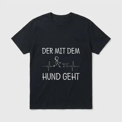 Hunde Liebhaber T-Shirt – Spruch Der mit dem Hund geht mit Herzschlag-Linie und Strichfigur – Klassisches T-Shirt in Schwarz