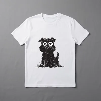 Lustiges Hunde Motiv T-Shirt – Zerzauster schwarzer Hund mit großen runden Augen, sitzend – Klassisches T-Shirt in Schwarz