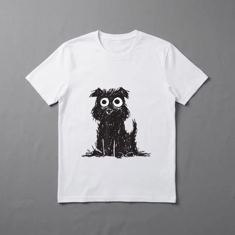 Lustiges Hunde Motiv T-Shirt – Zerzauster schwarzer Hund mit großen runden Augen, sitzend – Klassisches T-Shirt in Schwarz