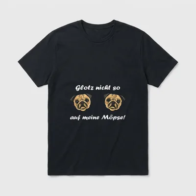 Glotz nicht so T-Shirt – Zwei Mopsgesichter, Spruch „Glotz nicht so auf meine Möpse!“ – Klassisches T-Shirt in Schwarz